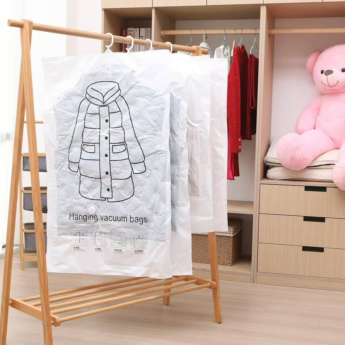 Hanging storage vacuum compression bag