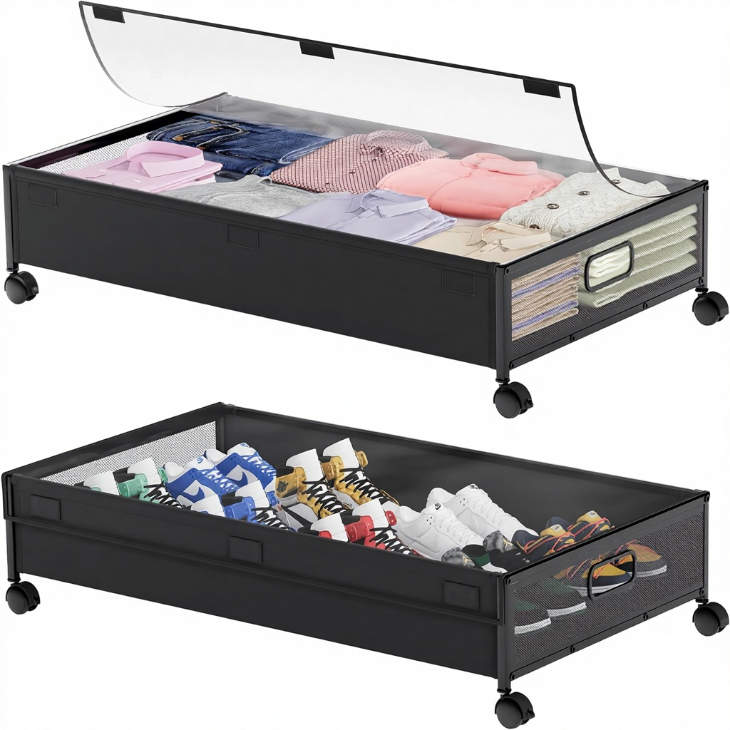 Set of 2 DEWVIE metal bed storage containers with wheels