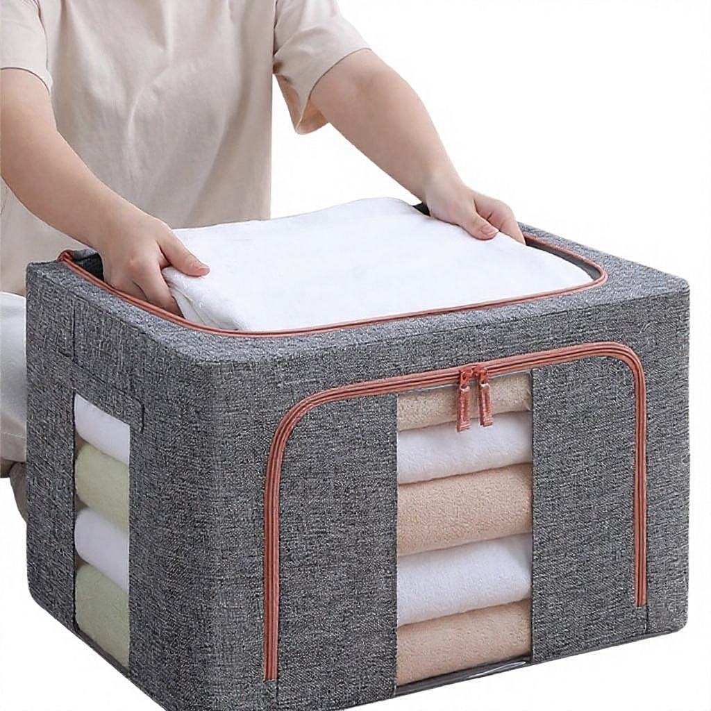 Cotton and linen fabric foldable steel frame clothing storage box